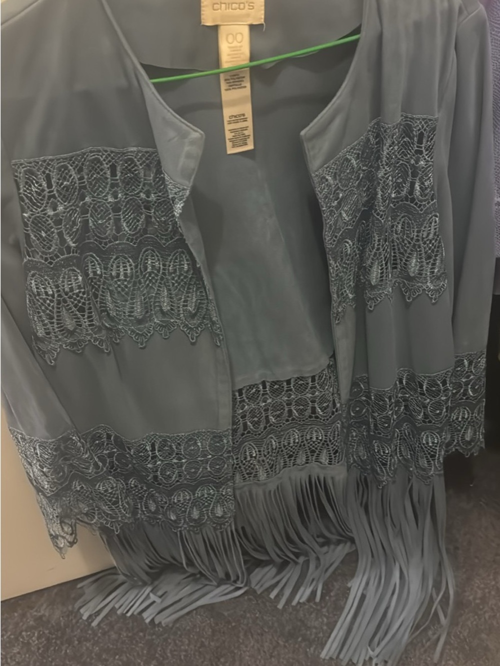 Chico's Dusty Blue Lace Fringe Open Cardigan